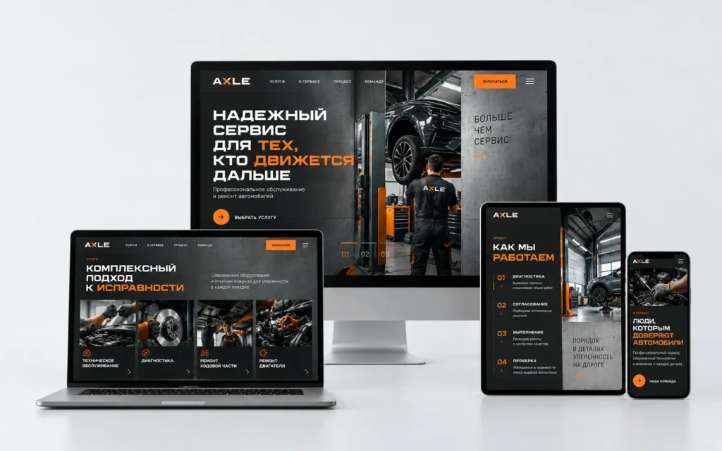 AXLE — дизайн-концепт сайта автосервиса на мониторе, ноутбуке, планшете и смартфоне