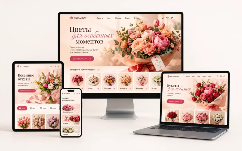 BLOOM DAY — дизайн-концепт сайта цветочного магазина на мониторе, ноутбуке, планшете и смартфоне