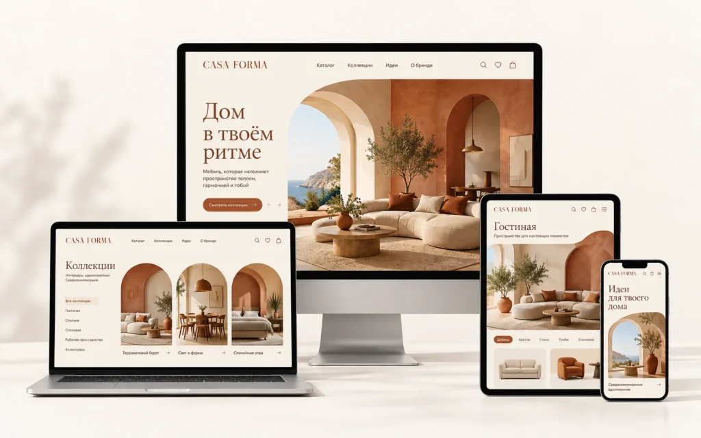 CASA FORMA — дизайн-концепт сайта мебельного магазина на мониторе, ноутбуке, планшете и смартфоне