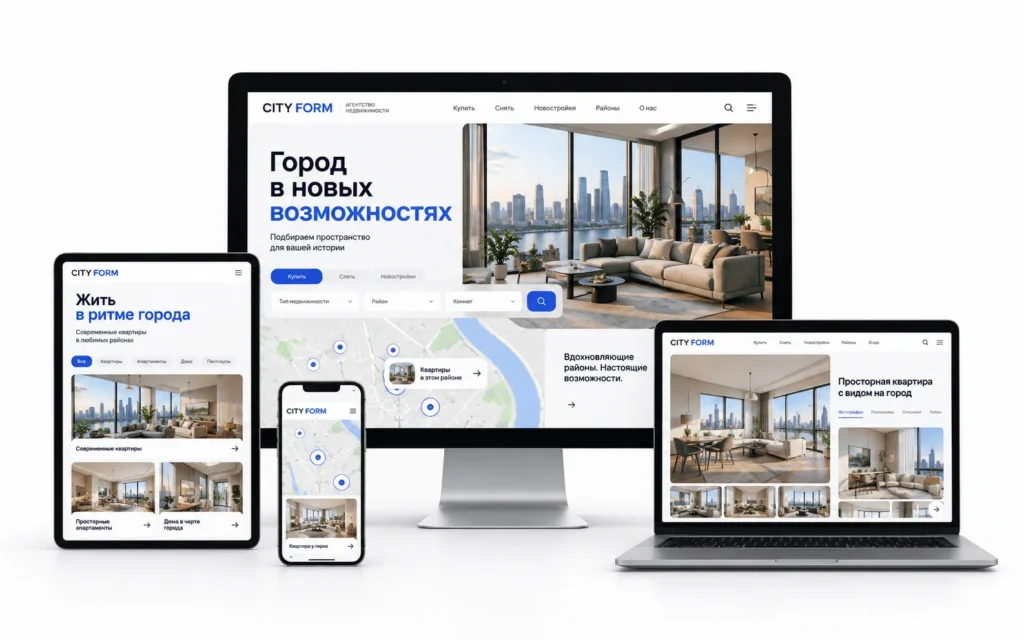 CITY FORM — дизайн-концепт сайта агентства недвижимости на мониторе, ноутбуке, планшете и смартфоне