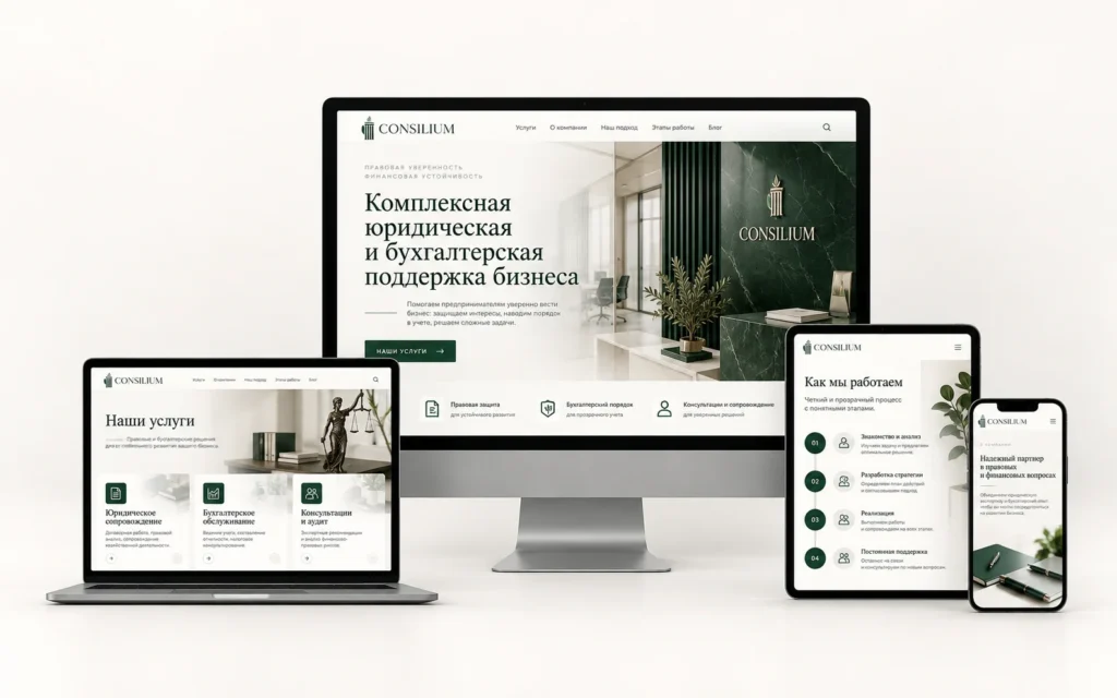 CONSILIUM — дизайн-концепт сайта юридической и бухгалтерской компании на мониторе, ноутбуке, планшете и смартфоне