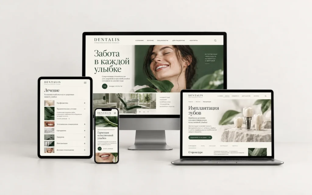 DENTALIS — дизайн-концепт сайта стоматологической клиники на мониторе, ноутбуке, планшете и смартфоне