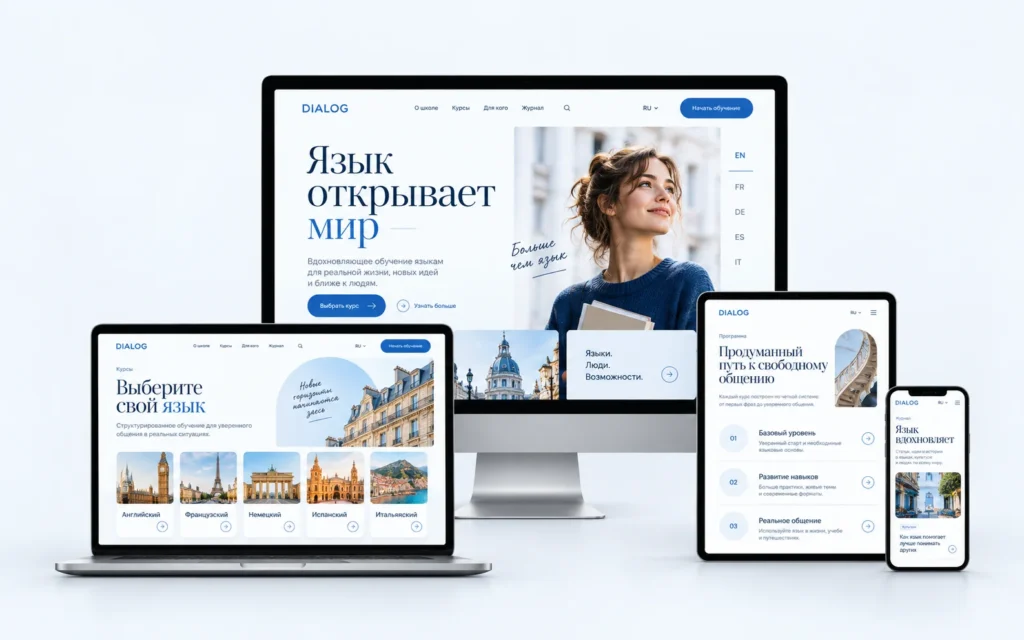 DIALOG — дизайн-концепт сайта языковой школы на мониторе, ноутбуке, планшете и смартфоне