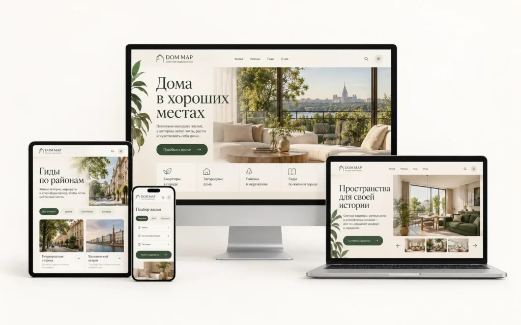 DOM MAP — дизайн-концепт сайта агентства недвижимости на мониторе, ноутбуке, планшете и смартфоне