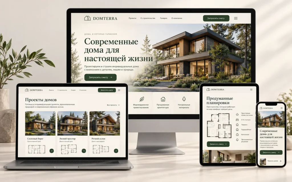 DOMTERRA — дизайн-концепт сайта строительства домов на мониторе, ноутбуке, планшете и смартфоне