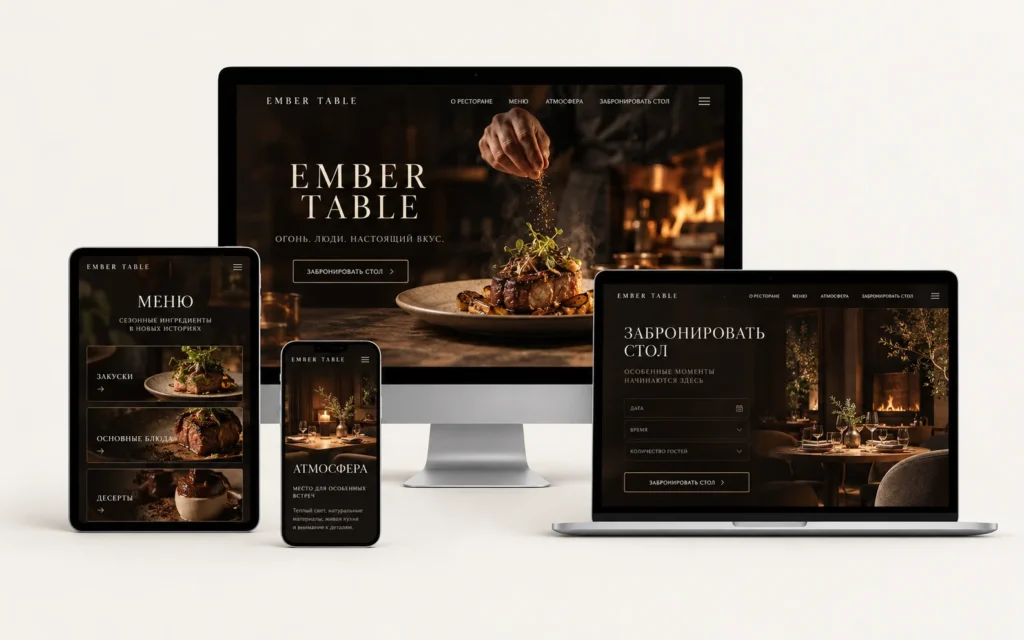 EMBER TABLE — дизайн-концепт сайта ресторана на мониторе, ноутбуке, планшете и смартфоне