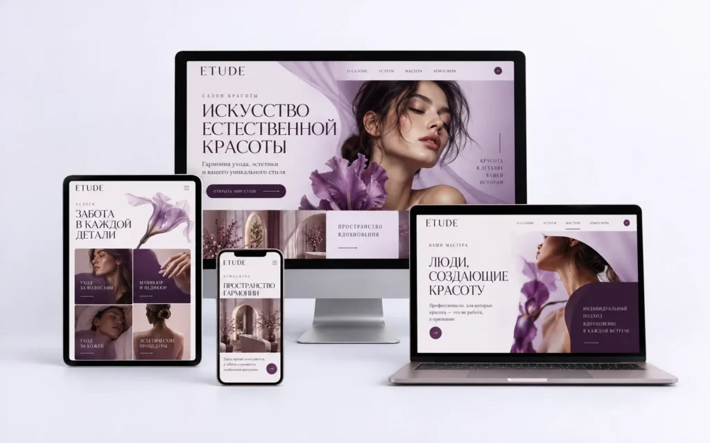 ETUDE — дизайн-концепт сайта салона красоты на мониторе, ноутбуке, планшете и смартфоне