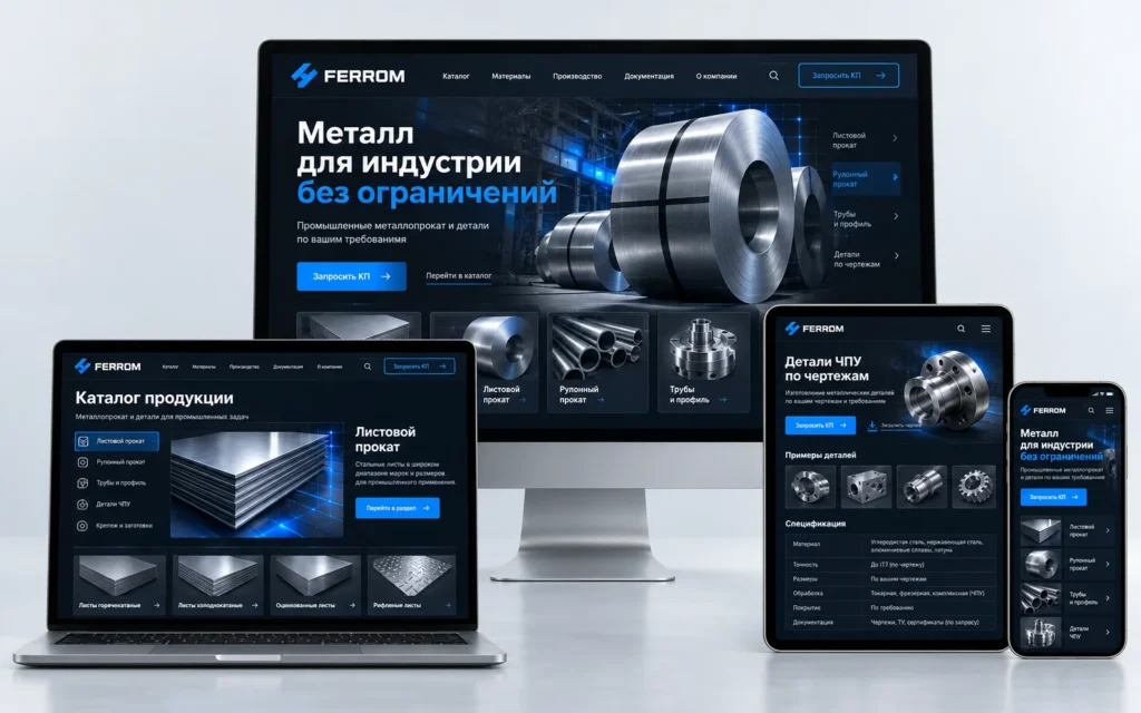 FERROM — дизайн-концепт сайта промышленного предприятия на мониторе, ноутбуке, планшете и смартфоне