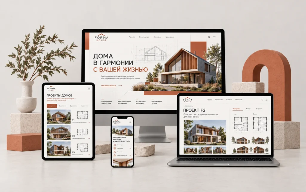FORMA HOUSE — дизайн-концепт сайта строительства домов на мониторе, ноутбуке, планшете и смартфоне