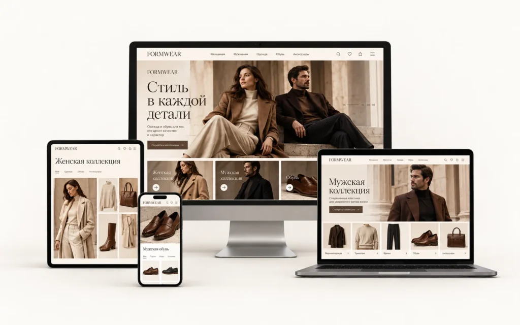 FORMWEAR — дизайн-концепт сайта магазина одежды и обуви на мониторе, ноутбуке, планшете и смартфоне