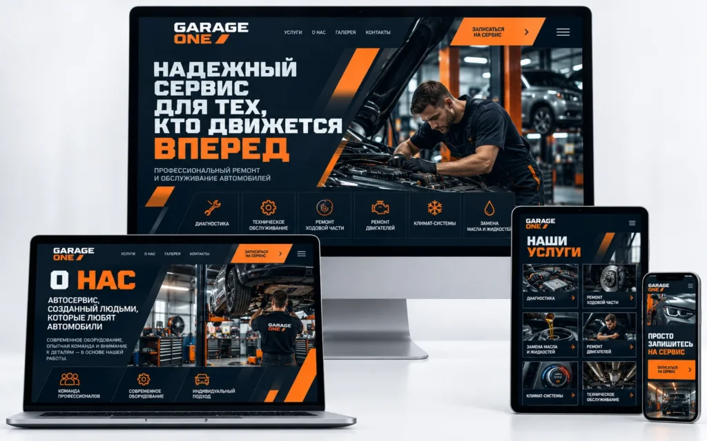 GARAGE ONE — дизайн-концепт сайта автосервиса на мониторе, ноутбуке, планшете и смартфоне