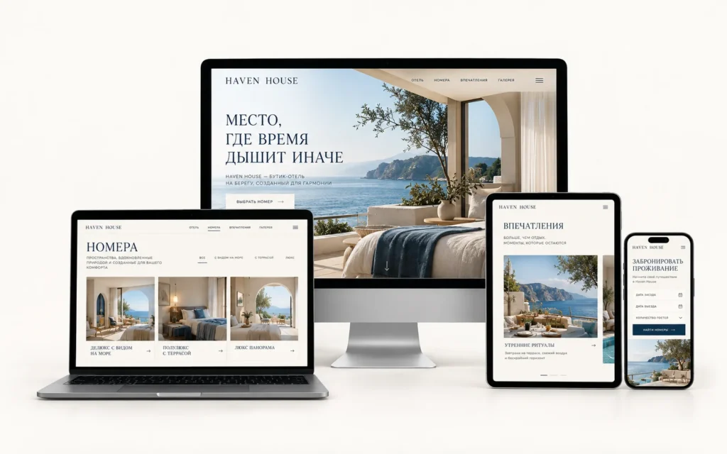HAVEN HOUSE — дизайн-концепт сайта гостиницы на мониторе, ноутбуке, планшете и смартфоне