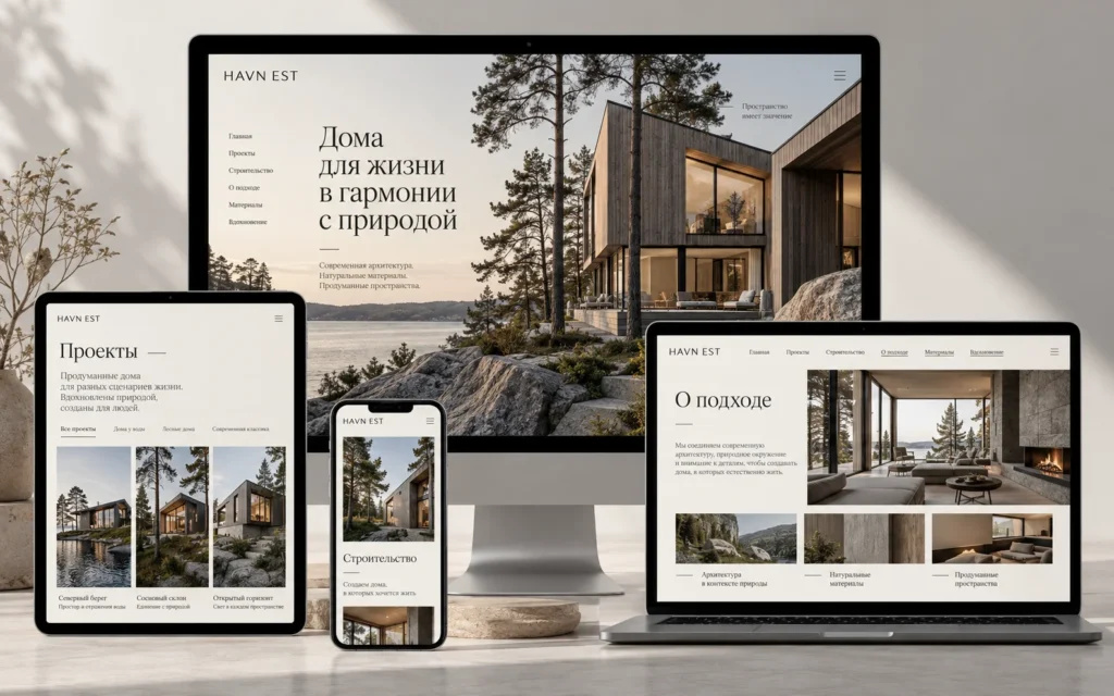 HAVN EST — дизайн-концепт сайта строительства домов на мониторе, ноутбуке, планшете и смартфоне