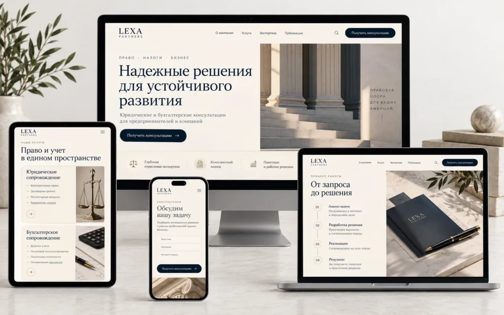 LEXA PARTNERS — дизайн-концепт сайта юридической и бухгалтерской компании на мониторе, ноутбуке, планшете и смартфоне