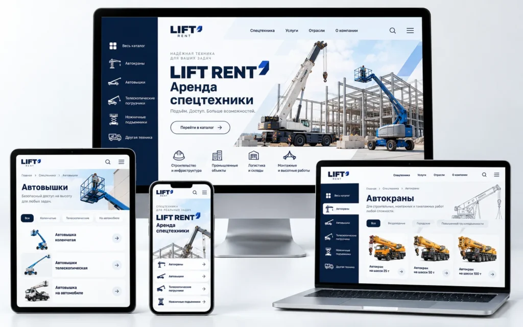 LIFT RENT — дизайн-концепт сайта аренды спецтехники на мониторе, ноутбуке, планшете и смартфоне