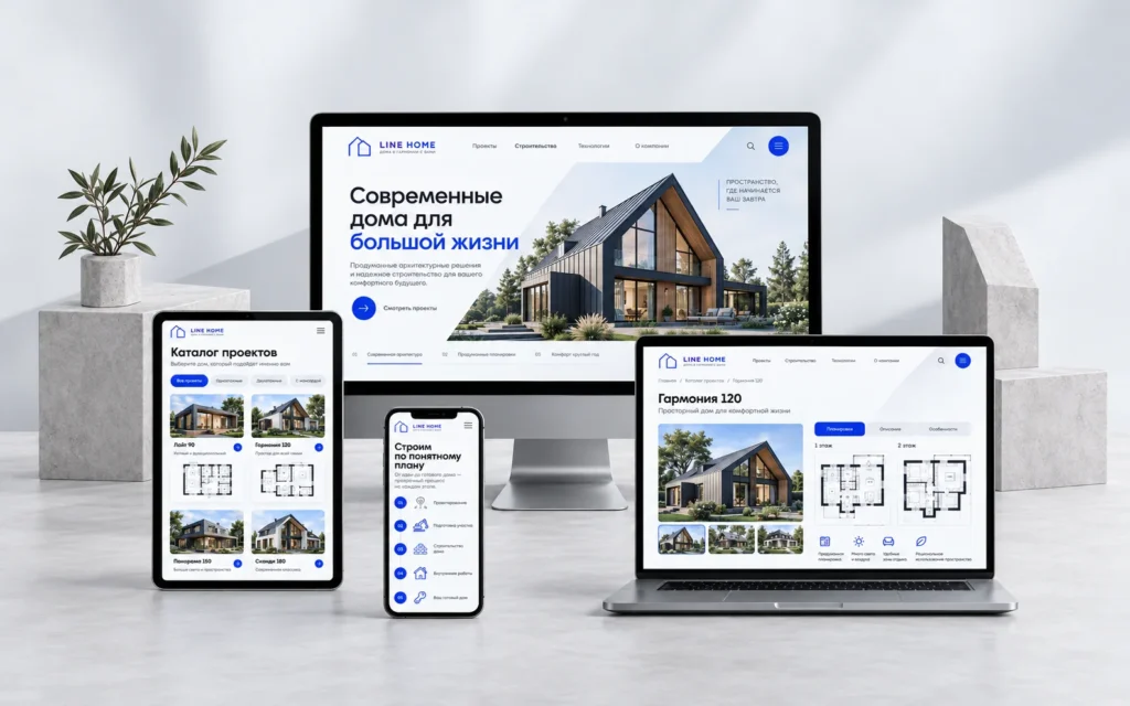 LINE HOME — дизайн-концепт сайта строительства домов на мониторе, ноутбуке, планшете и смартфоне