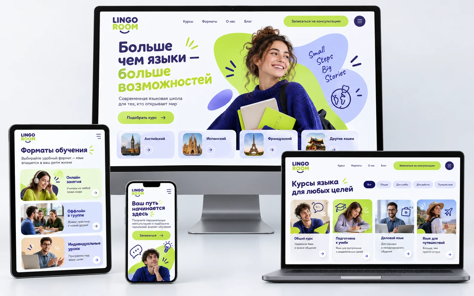 LINGO ROOM — дизайн-концепт сайта языковой школы на мониторе, ноутбуке, планшете и смартфоне