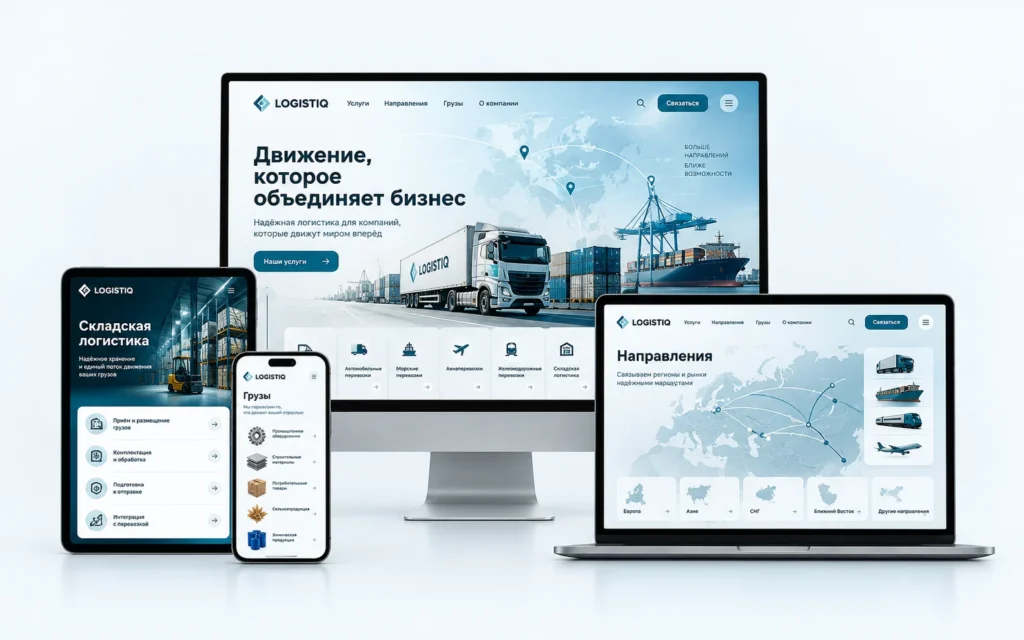LOGISTIQ — дизайн-концепт сайта транспортной компании на мониторе, ноутбуке, планшете и смартфоне