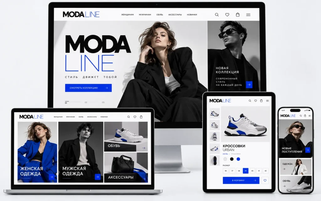 MODA LINE — дизайн-концепт сайта магазина одежды и обуви на мониторе, ноутбуке, планшете и смартфоне
