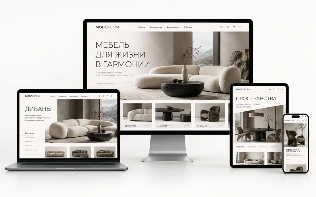 MODO FORM — дизайн-концепт сайта мебельного магазина на мониторе, ноутбуке, планшете и смартфоне
