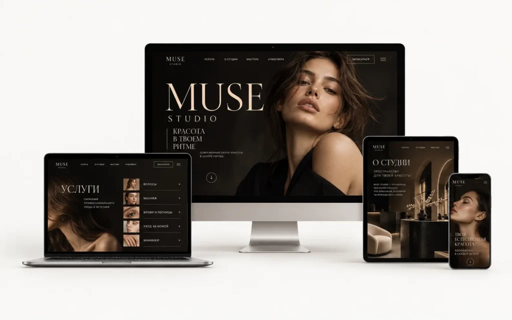 MUSE STUDIO — дизайн-концепт сайта салона красоты на мониторе, ноутбуке, планшете и смартфоне