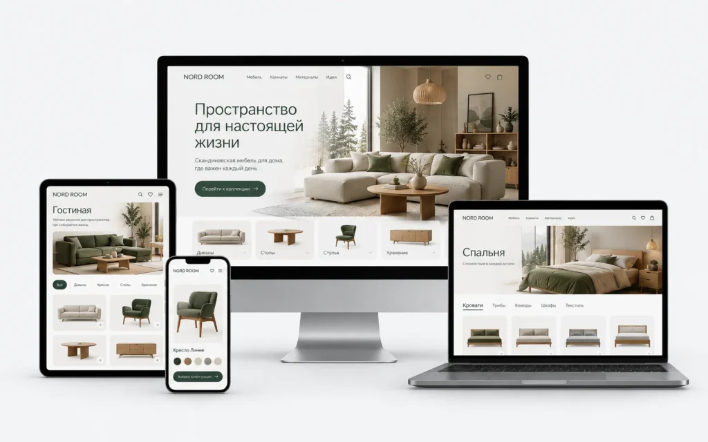 NORD ROOM — дизайн-концепт сайта мебельного магазина на мониторе, ноутбуке, планшете и смартфоне
