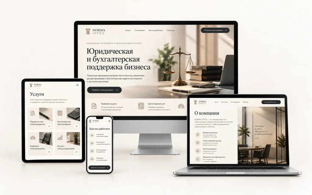 NORMA OFFICE — дизайн-концепт сайта юридической и бухгалтерской компании на мониторе, ноутбуке, планшете и смартфоне