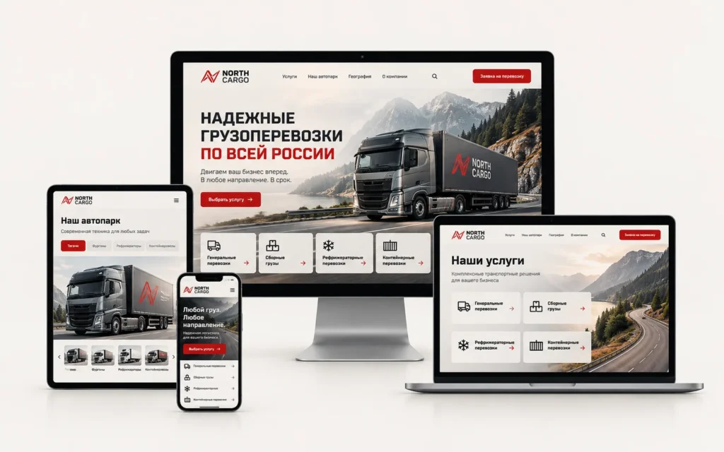 NORTH CARGO — дизайн-концепт сайта транспортной компании на мониторе, ноутбуке, планшете и смартфоне