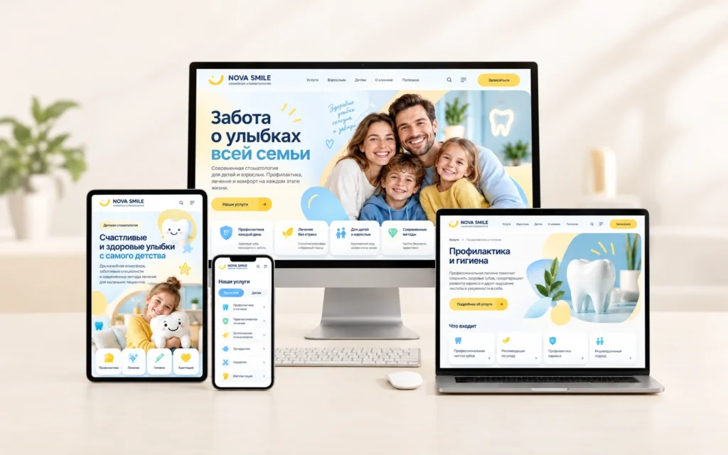NOVA SMILE — дизайн-концепт сайта семейной стоматологии на мониторе, ноутбуке, планшете и смартфоне