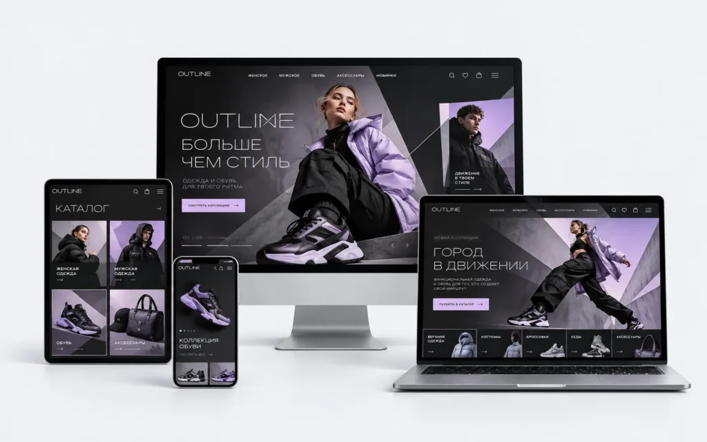 OUTLINE — дизайн-концепт сайта магазина одежды и обуви на мониторе, ноутбуке, планшете и смартфоне