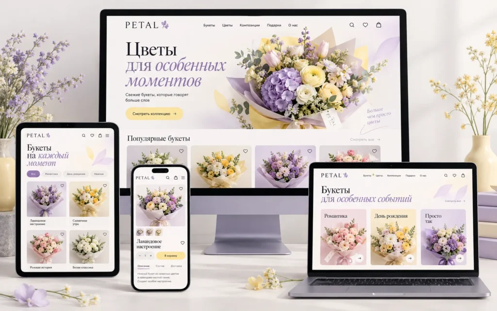 PETAL — дизайн-концепт сайта цветочного магазина на мониторе, ноутбуке, планшете и смартфоне