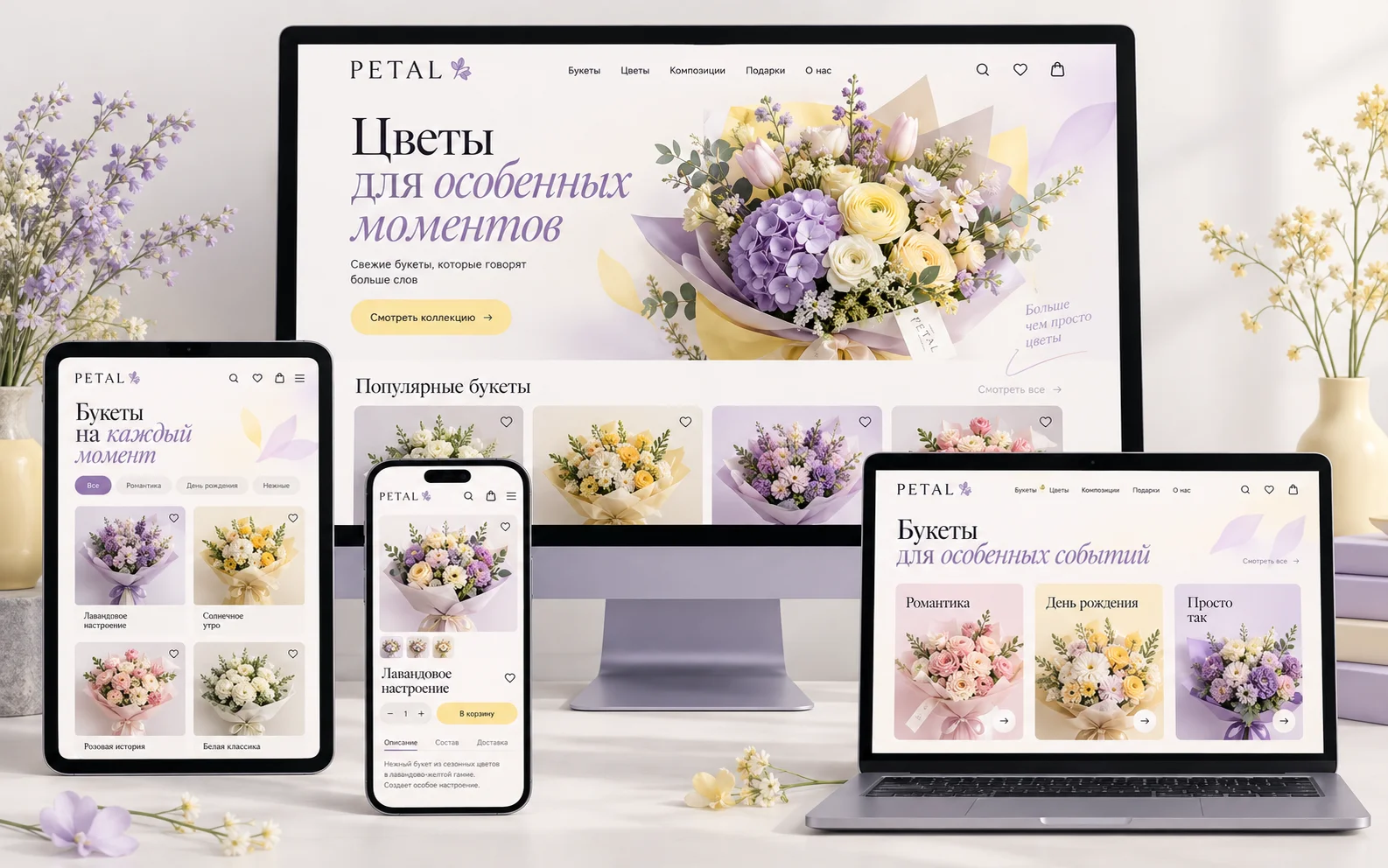 PETAL — дизайн-концепт сайта цветочного магазина на мониторе, ноутбуке, планшете и смартфоне