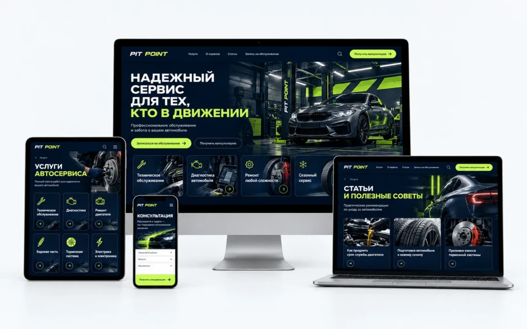 PIT POINT — дизайн-концепт сайта автосервиса на мониторе, ноутбуке, планшете и смартфоне