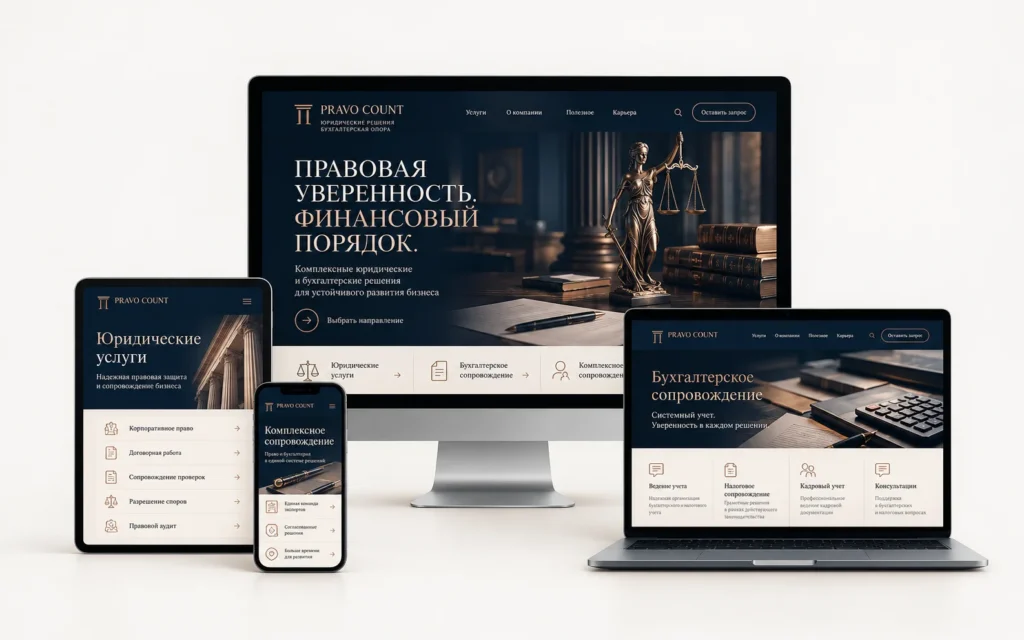 PRAVO COUNT — дизайн-концепт сайта юридической и бухгалтерской компании на мониторе, ноутбуке, планшете и смартфоне
