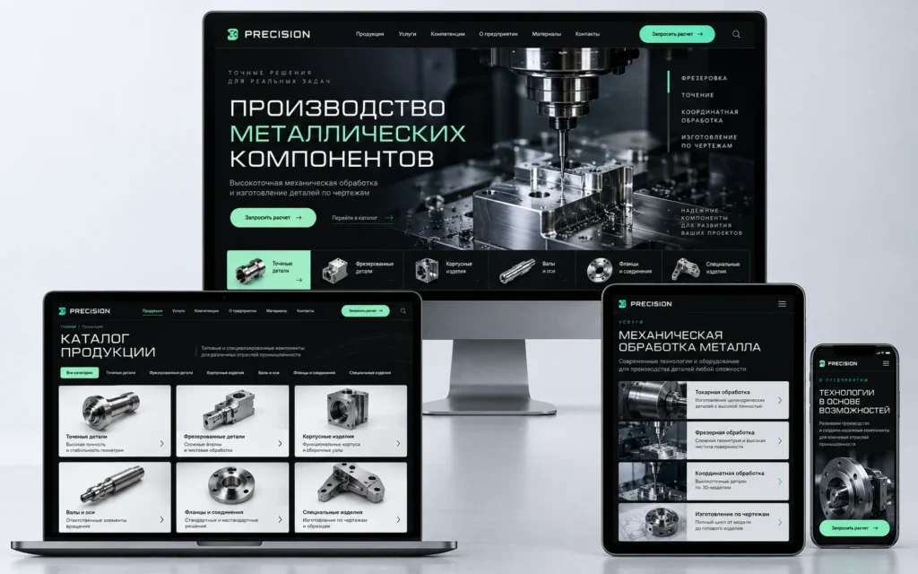 PRECISION — дизайн-концепт сайта производственного предприятия на мониторе, ноутбуке, планшете и смартфоне