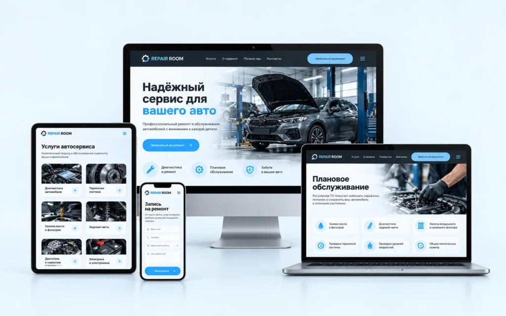 REPAIR ROOM — дизайн-концепт сайта автосервиса на мониторе, ноутбуке, планшете и смартфоне