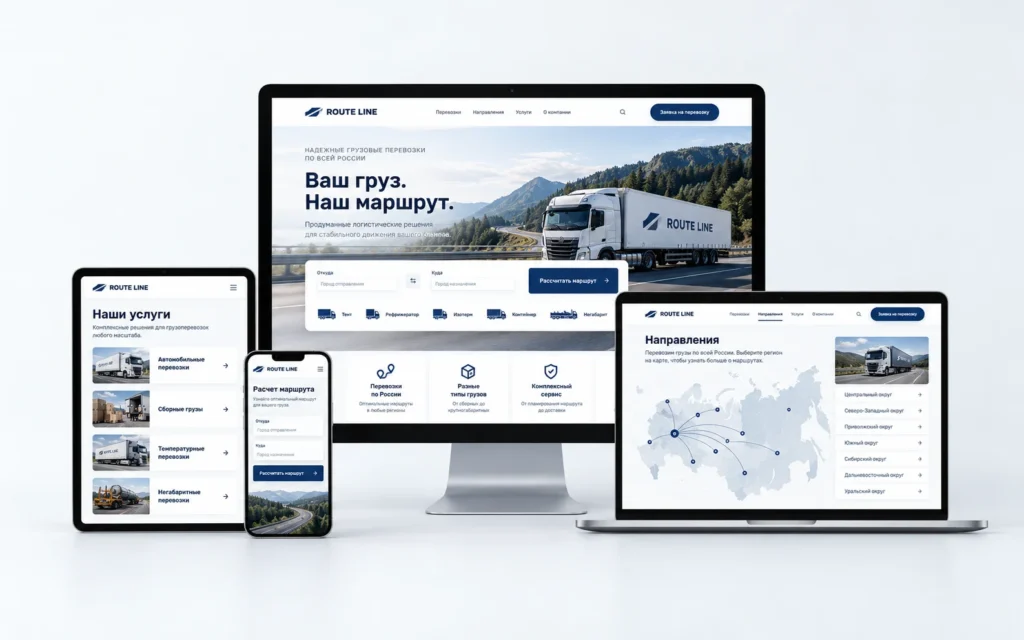 ROUTE LINE — дизайн-концепт сайта транспортной компании на мониторе, ноутбуке, планшете и смартфоне