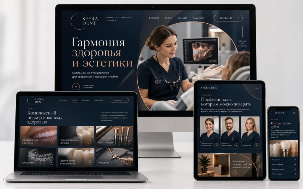 SFERA DENT — дизайн-концепт сайта стоматологической клиники на мониторе, ноутбуке, планшете и смартфоне