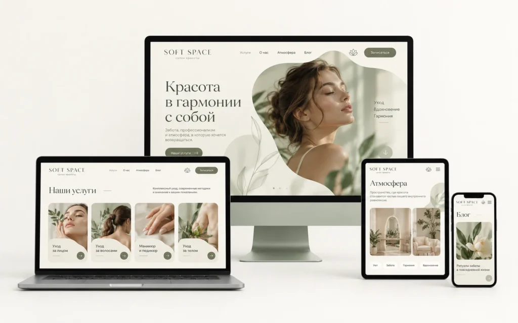 SOFT SPACE — дизайн-концепт сайта салона красоты на мониторе, ноутбуке, планшете и смартфоне
