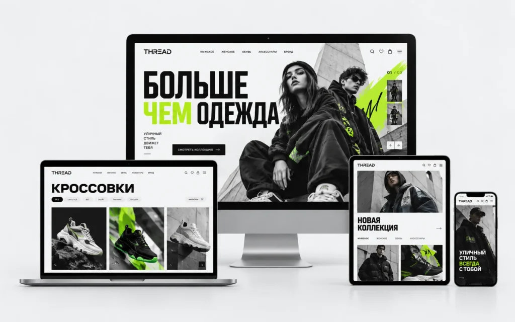 THREAD — дизайн-концепт сайта магазина одежды и обуви на мониторе, ноутбуке, планшете и смартфоне