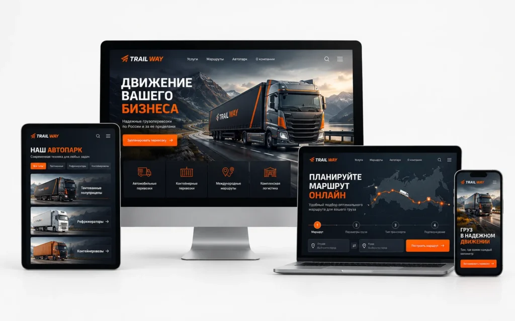 TRAIL WAY — дизайн-концепт сайта транспортной компании на мониторе, ноутбуке, планшете и смартфоне