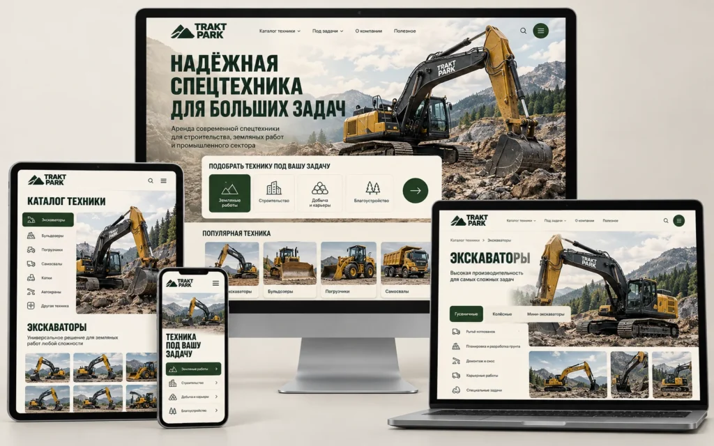 TRAKT PARK — дизайн-концепт сайта аренды спецтехники на мониторе, ноутбуке, планшете и смартфоне