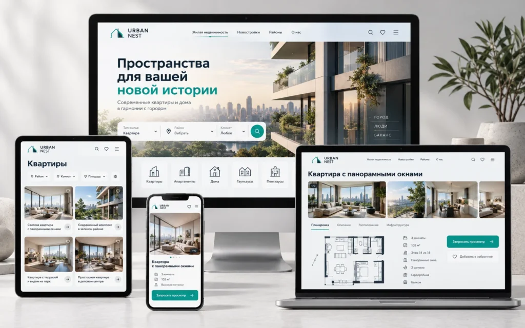 URBAN NEST — дизайн-концепт сайта агентства недвижимости на мониторе, ноутбуке, планшете и смартфоне