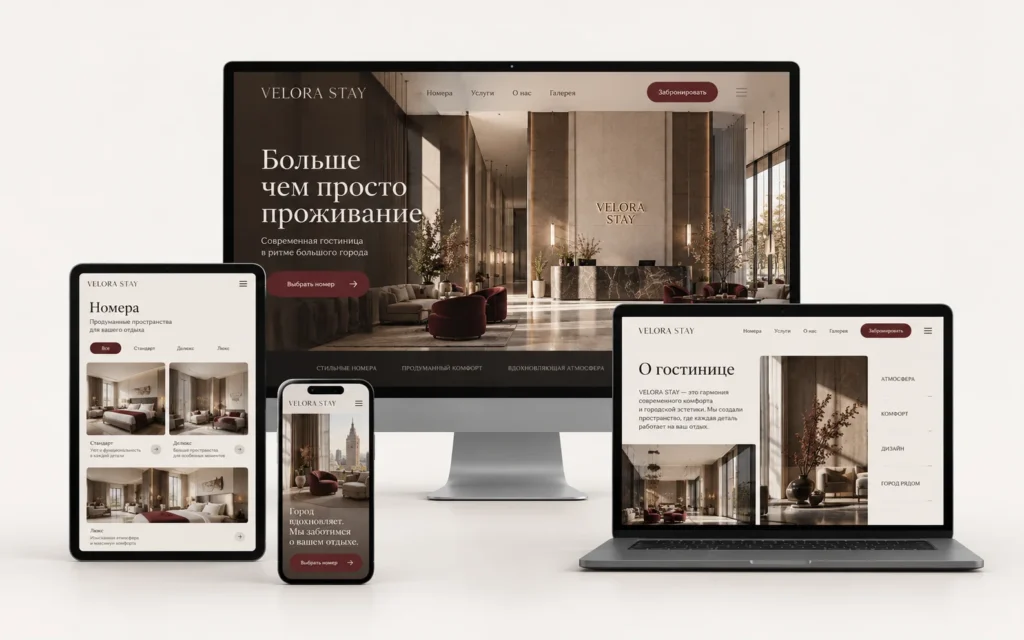 VELORA STAY — дизайн-концепт сайта гостиницы на мониторе, ноутбуке, планшете и смартфоне