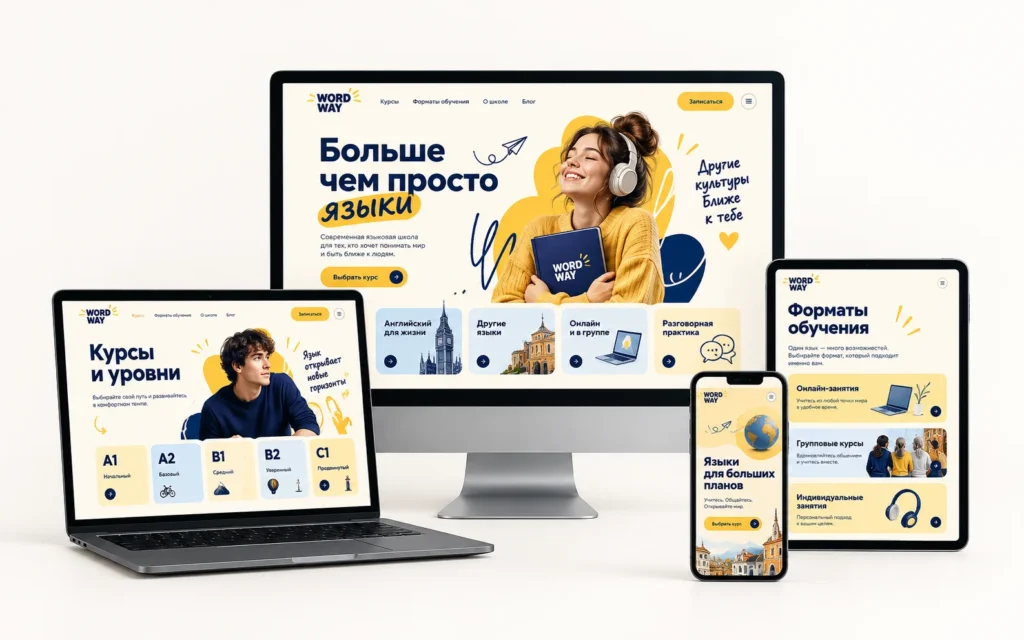 WORD WAY — дизайн-концепт сайта языковой школы на мониторе, ноутбуке, планшете и смартфоне